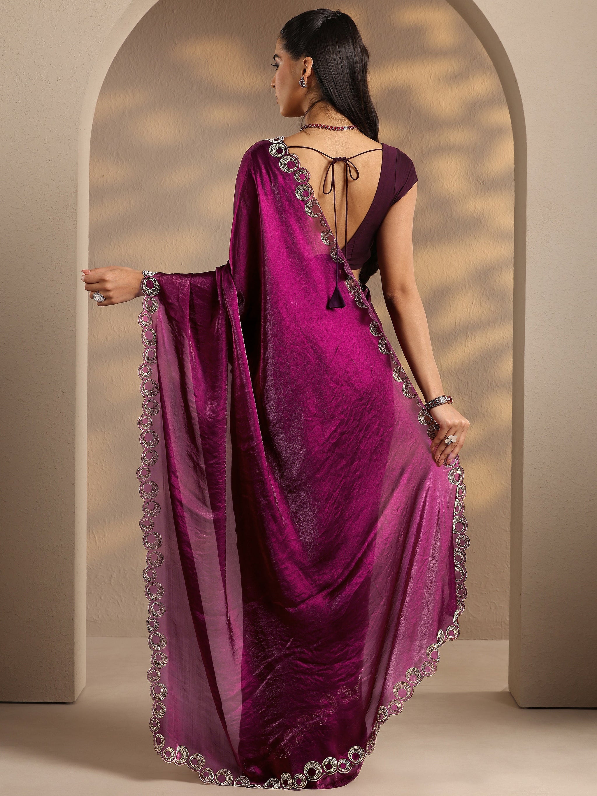 Libas Magenta Solid Silk Blend Saree With Unstitched Blouse Piece