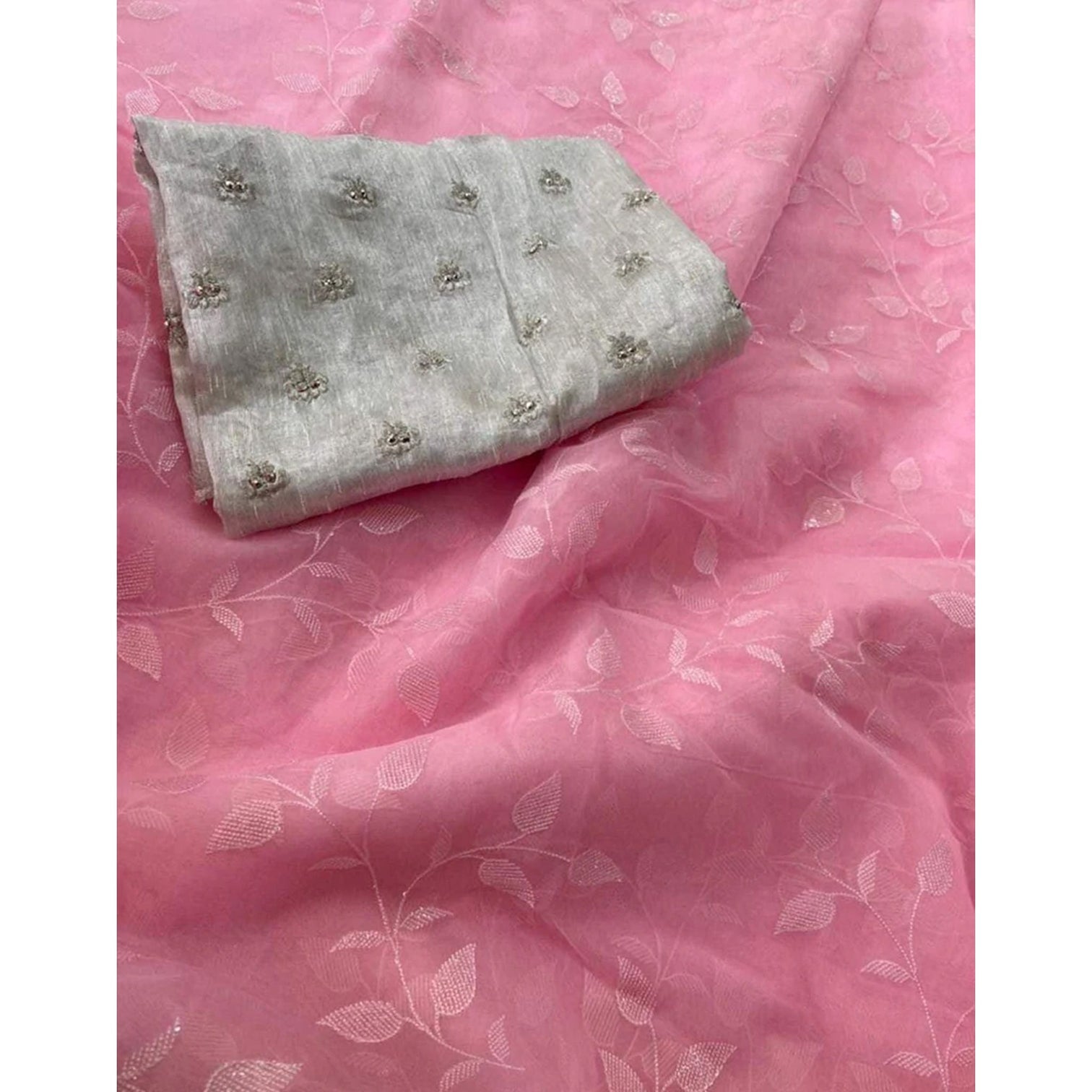 Malai Organza Silk Saree with Beautiful Flower Sequence Work and Blouse with Butterfly Embroidery for Wedding