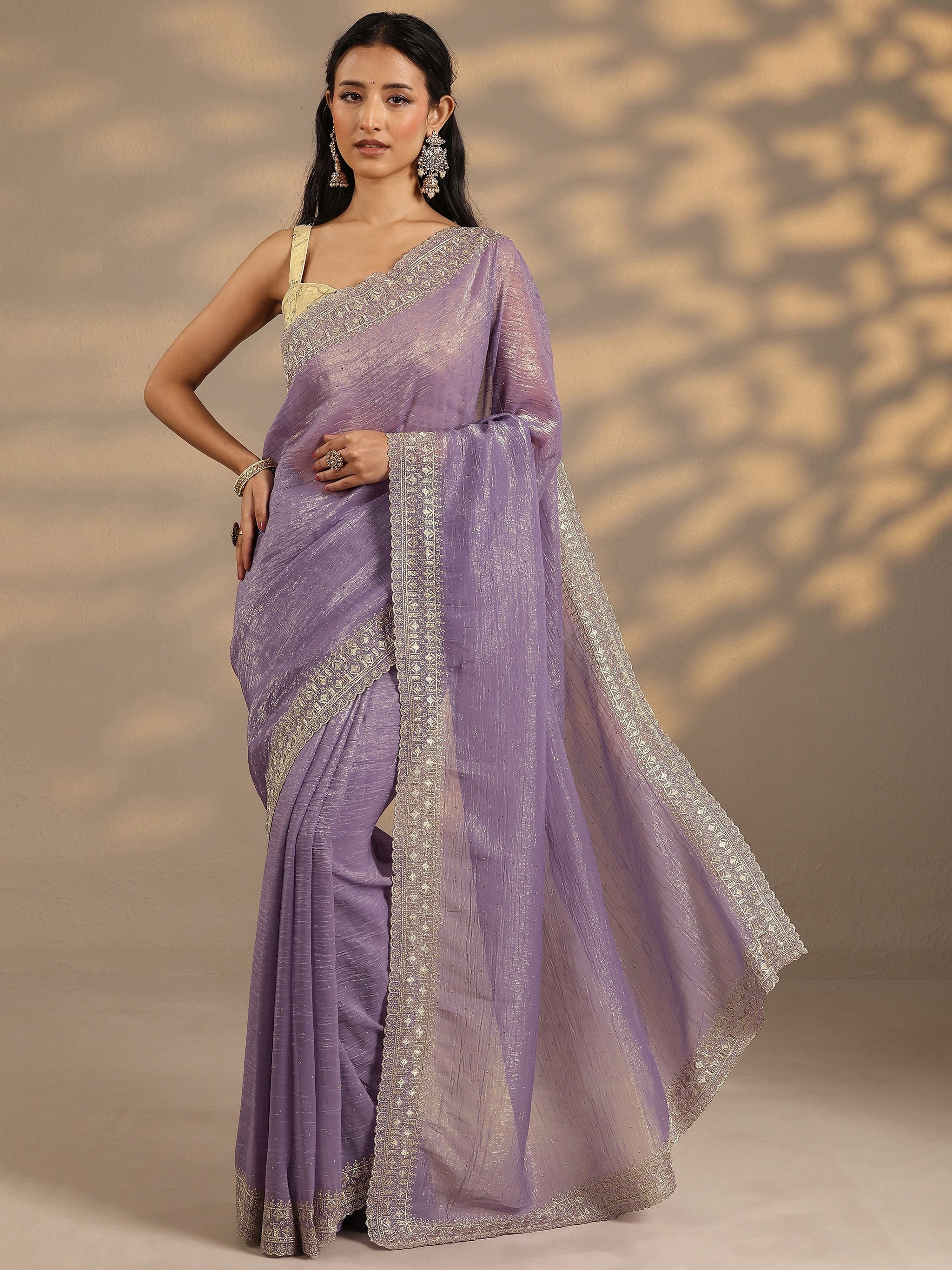 Libas Lavender Embellished Silk Blend Saree With Unstitched Blouse Piece