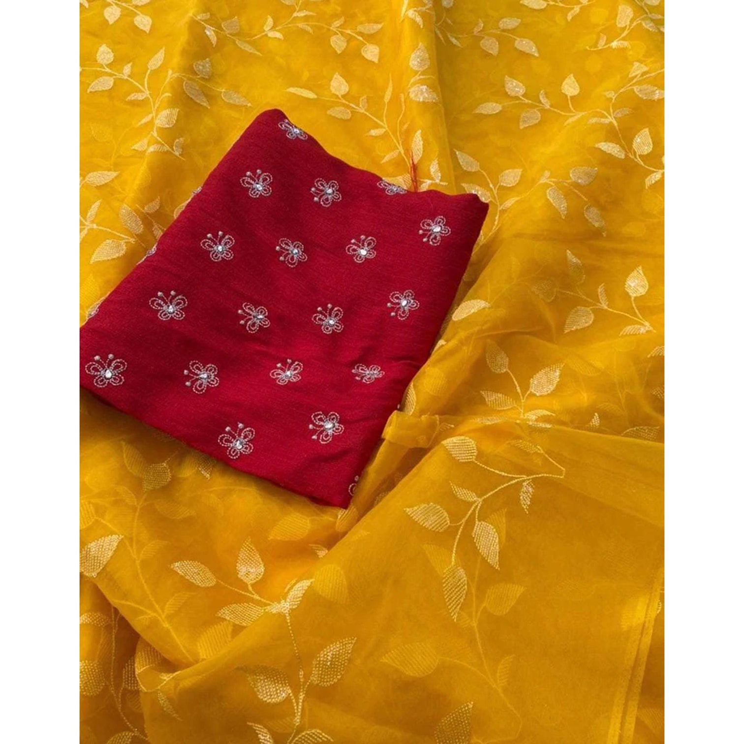Malai Organza Silk Saree with Beautiful Flower Sequence Work and Blouse with Butterfly Embroidery for Wedding