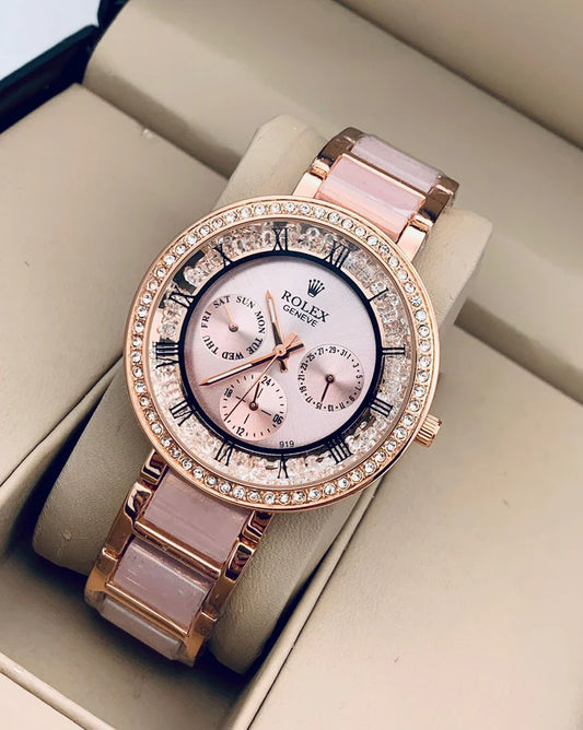 Trendy Rolex Rose Gold Dial Metal Belt Women Watch