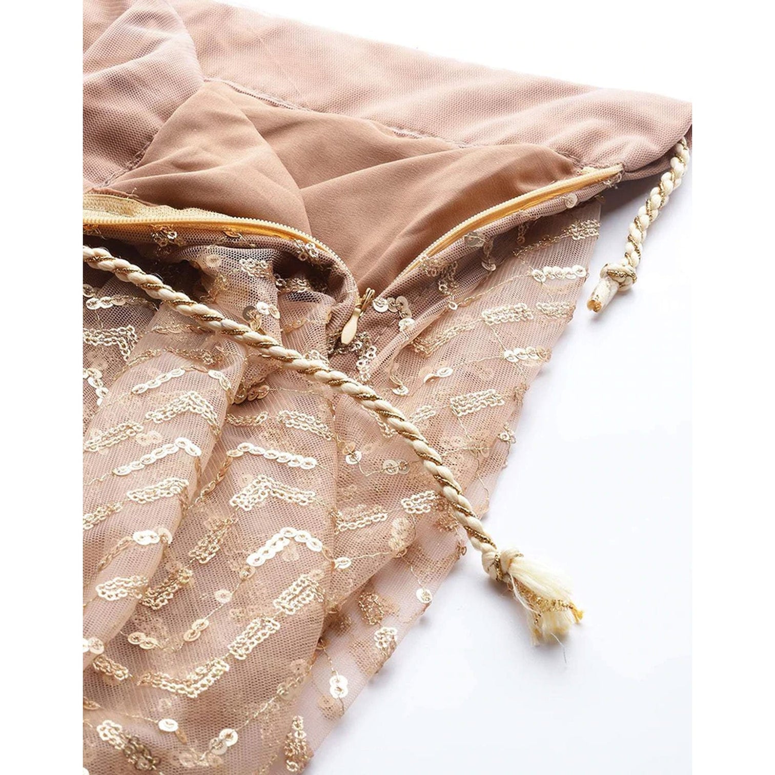 Peach color Net Lehenga with Heavy Embroidery, Zari and Thread work