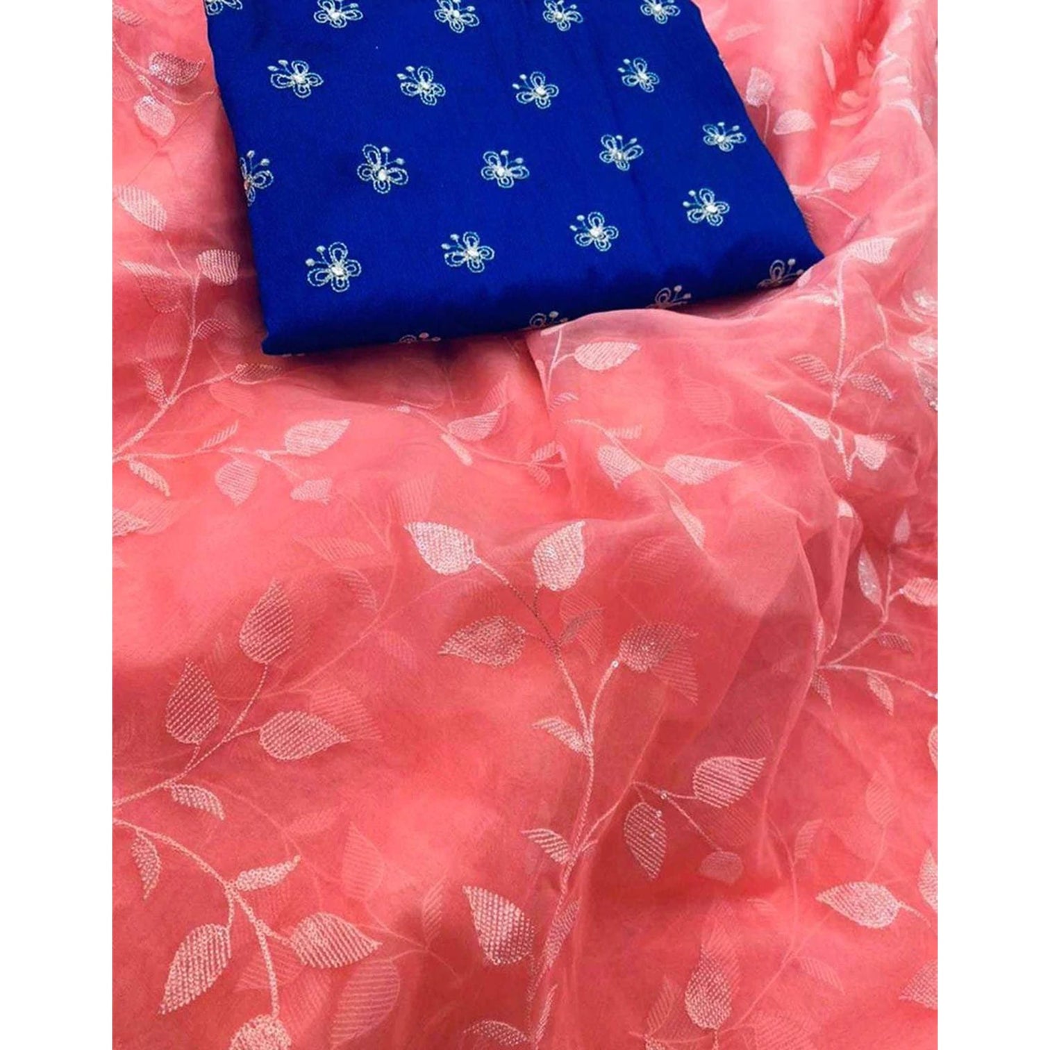 Malai Organza Silk Saree with Beautiful Flower Sequence Work and Blouse with Butterfly Embroidery for Wedding