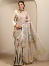 Libas Beige Printed Silk Blend Saree With Unstitched Blouse Piece