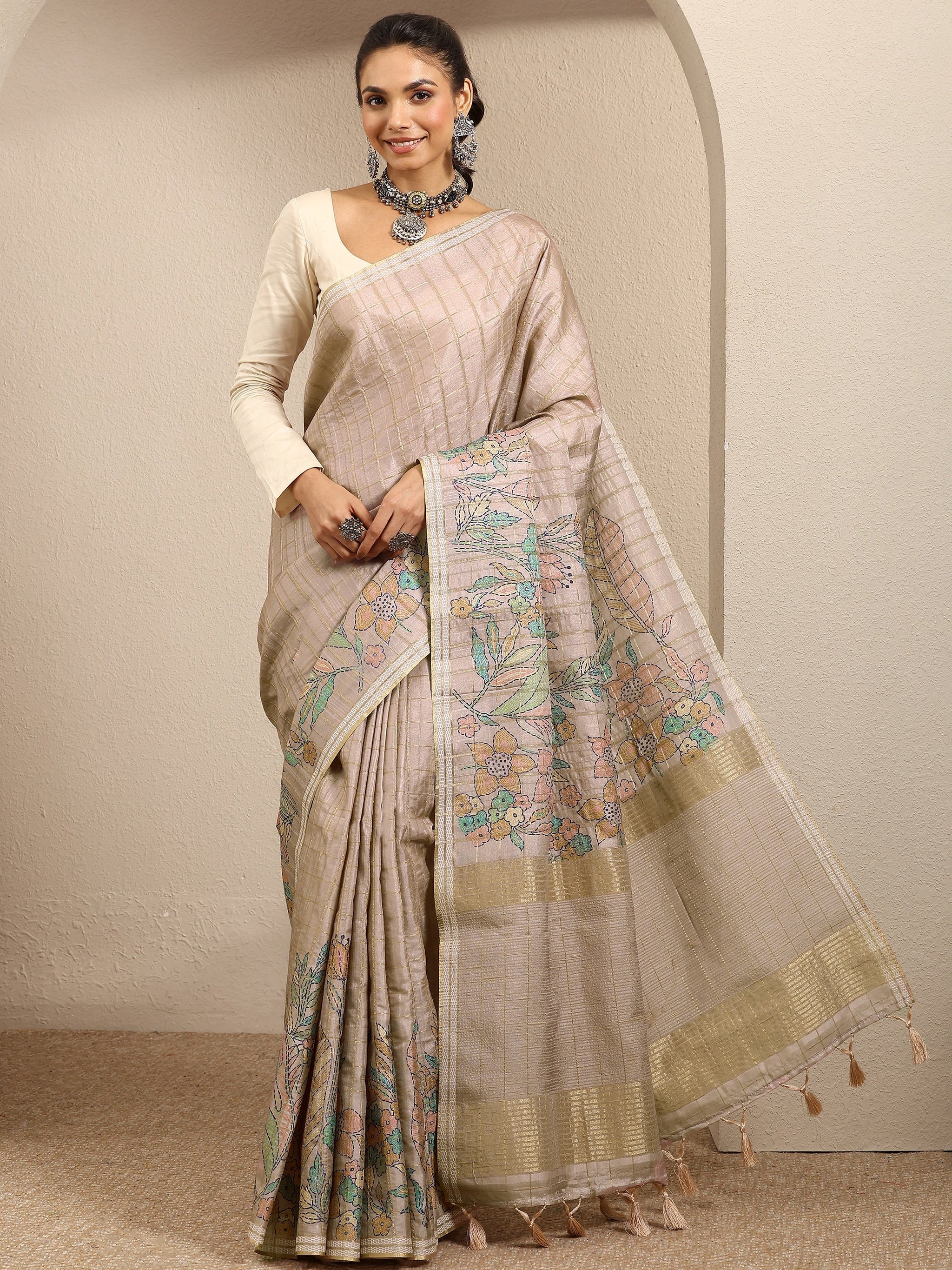 Libas Beige Printed Silk Blend Saree With Unstitched Blouse Piece