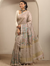 Libas Beige Printed Silk Blend Saree With Unstitched Blouse Piece