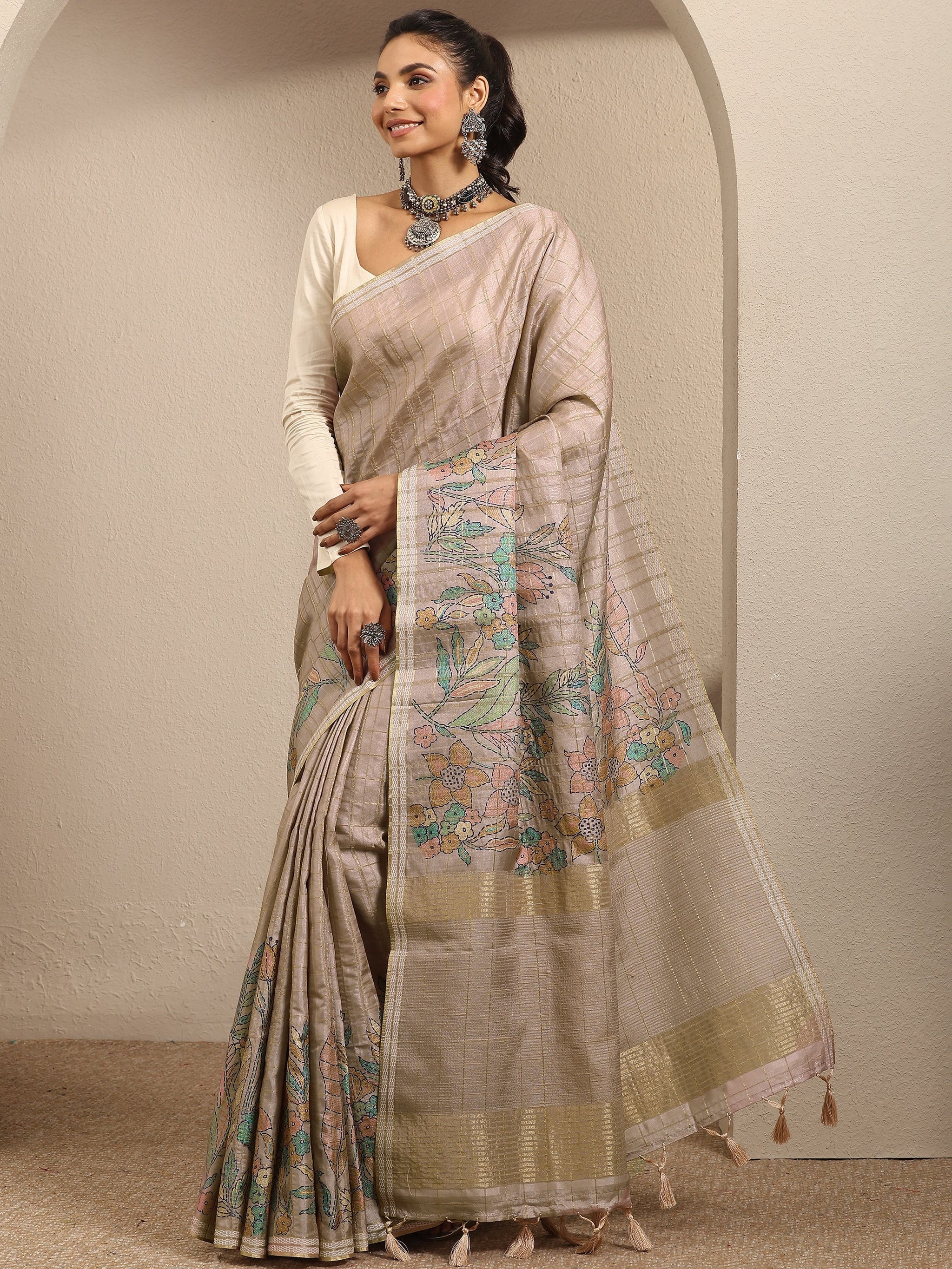 Libas Beige Printed Silk Blend Saree With Unstitched Blouse Piece