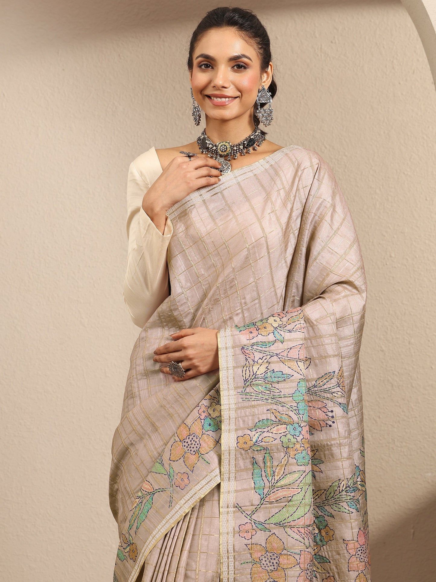 Libas Beige Printed Silk Blend Saree With Unstitched Blouse Piece