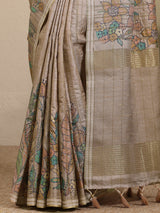 Libas Beige Printed Silk Blend Saree With Unstitched Blouse Piece
