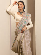Libas Beige Printed Silk Blend Saree With Unstitched Blouse Piece