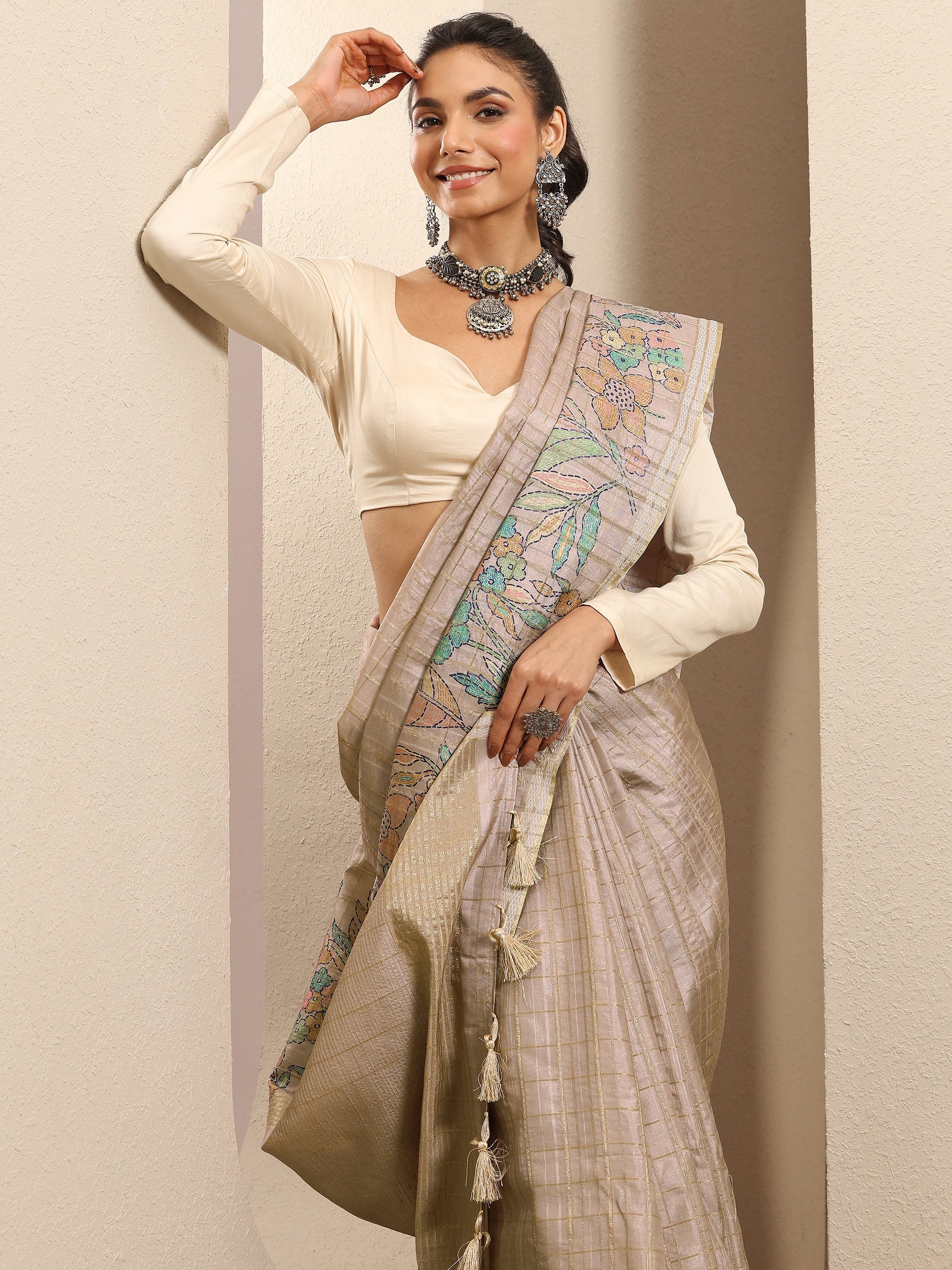 Libas Beige Printed Silk Blend Saree With Unstitched Blouse Piece
