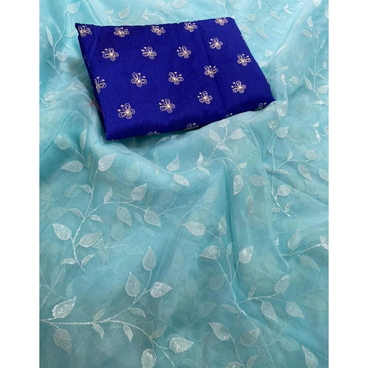 Malai Organza Silk Saree with Beautiful Flower Sequence Work and Blouse with Butterfly Embroidery for Wedding