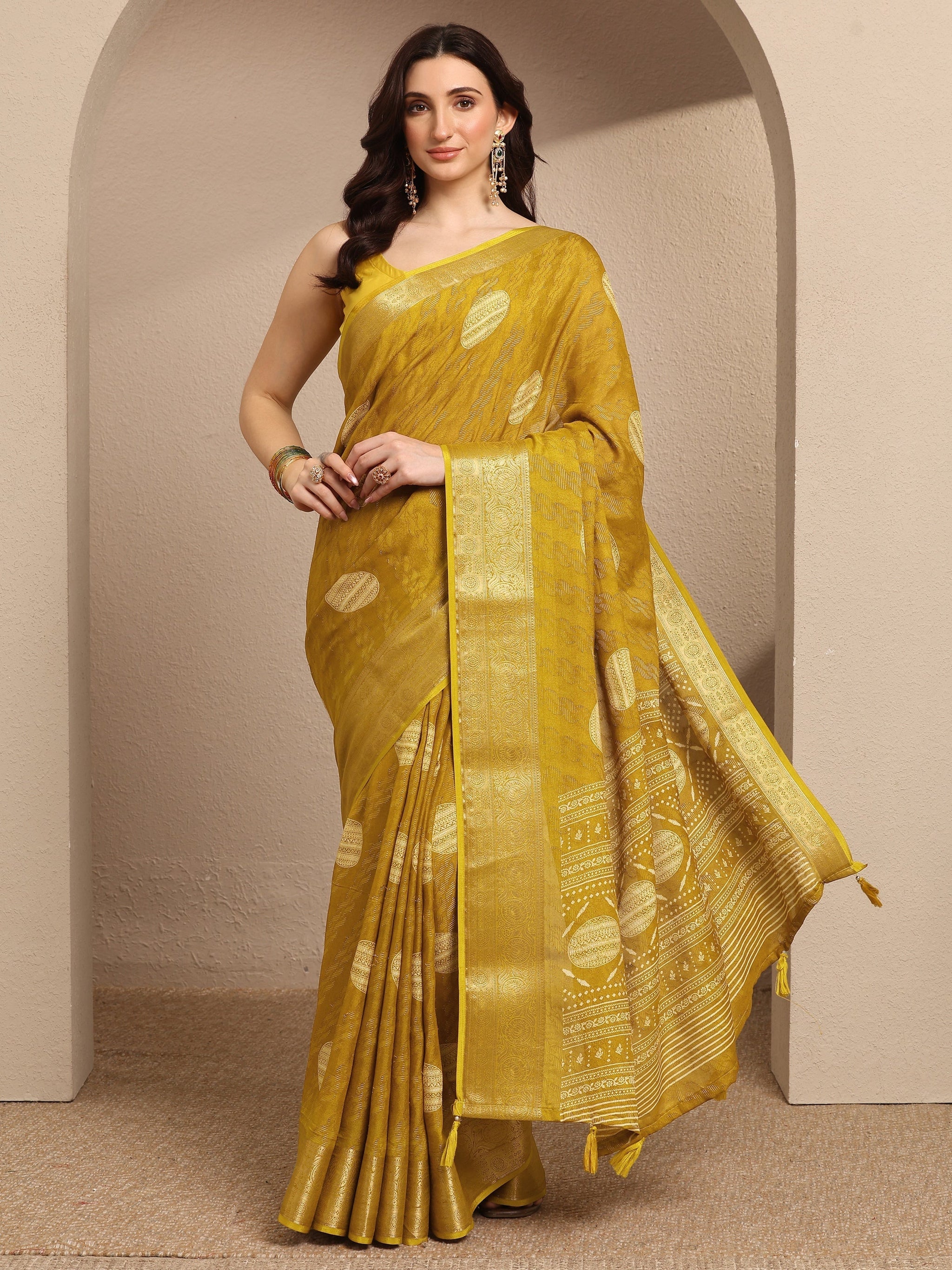 Libas Mustard Printed Georgette Saree With Unstitched Blouse Piece