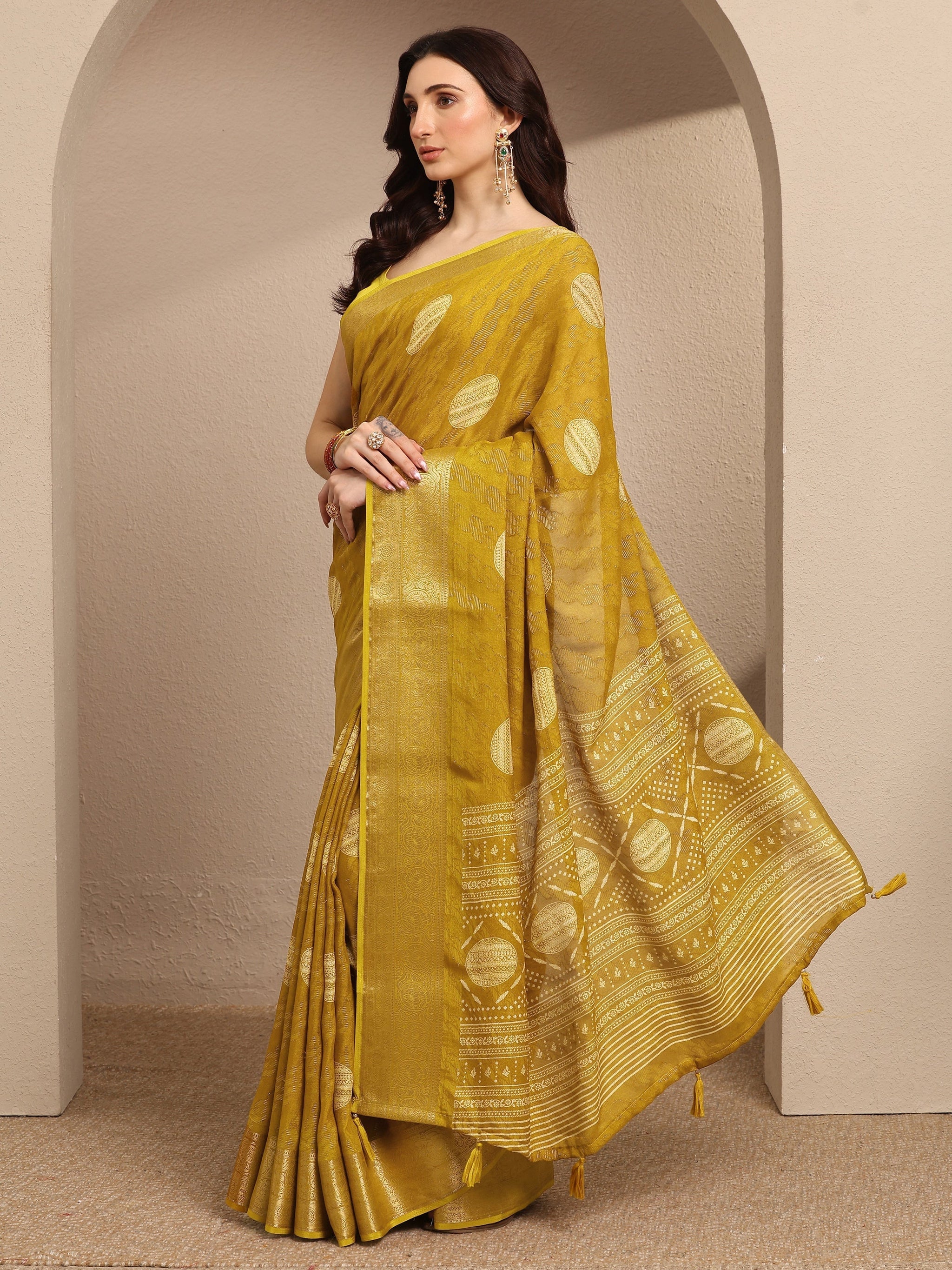 Libas Mustard Printed Georgette Saree With Unstitched Blouse Piece