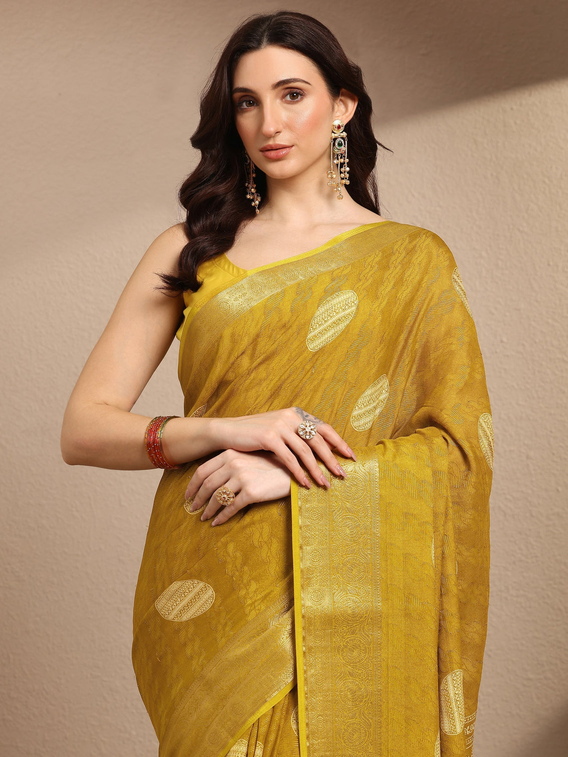 Mameraa Mustard Printed Georgette Saree With Unstitched Blouse Piece