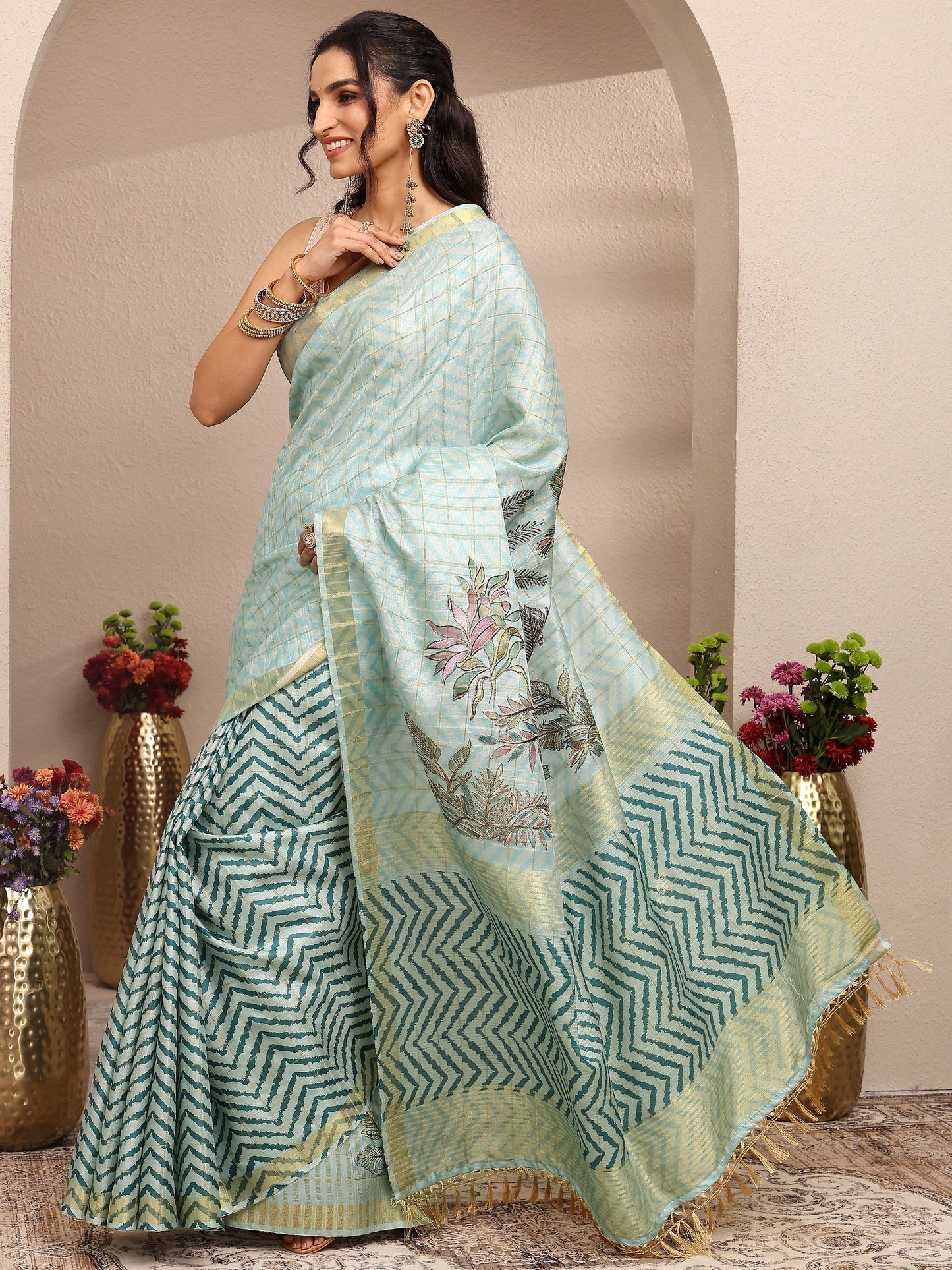 Libas Blue Embroidered Silk Blend Saree With Unstitched Blouse Piece