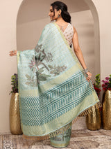 Libas Blue Embroidered Silk Blend Saree With Unstitched Blouse Piece