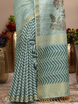 Libas Blue Embroidered Silk Blend Saree With Unstitched Blouse Piece