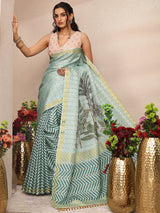 Libas Blue Embroidered Silk Blend Saree With Unstitched Blouse Piece