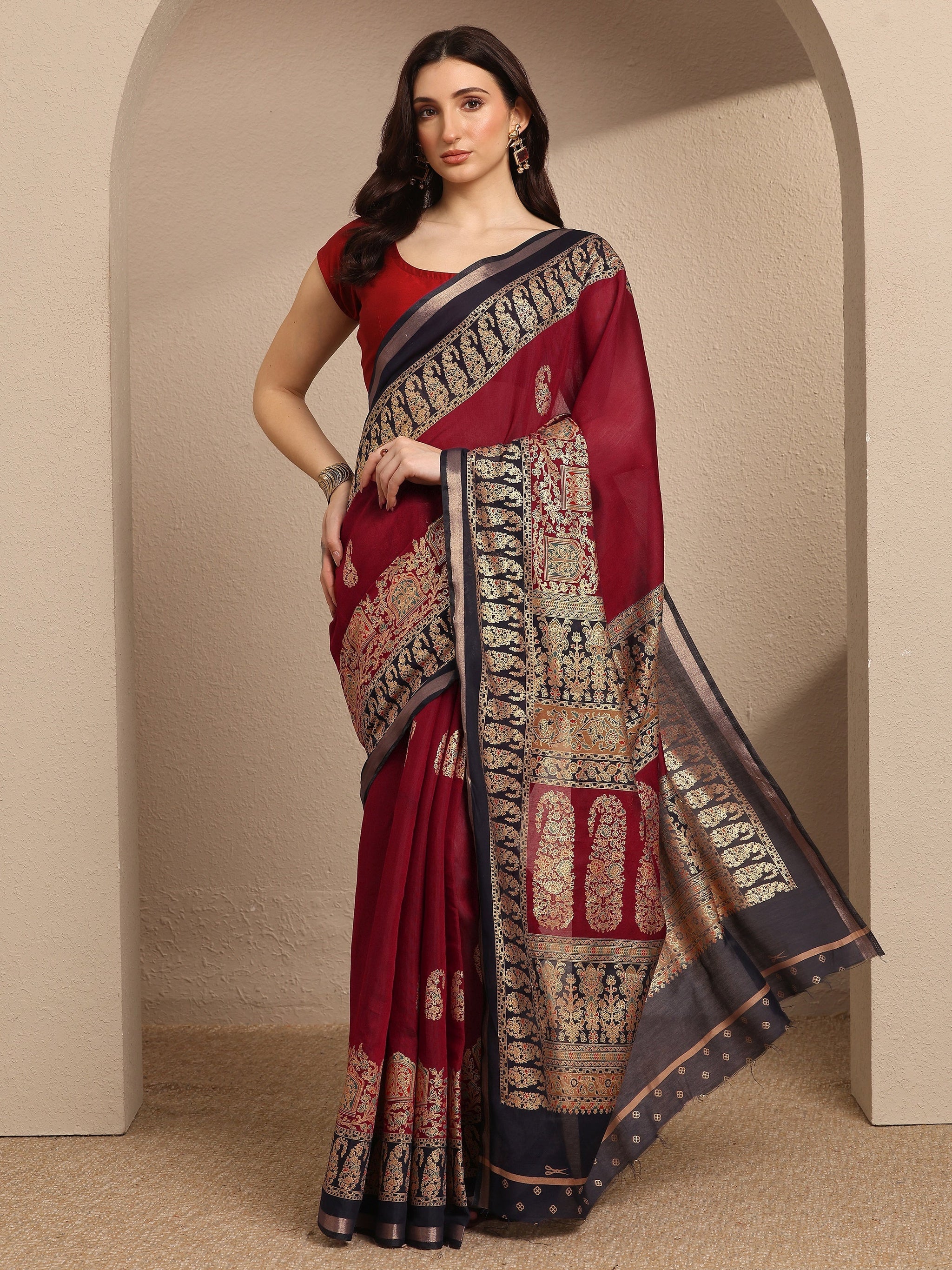 Libas Maroon Paisley Woven Design Banarsi Silk Blend Saree With Unstitched Blouse Piece