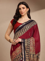 Libas Maroon Paisley Woven Design Banarsi Silk Blend Saree With Unstitched Blouse Piece