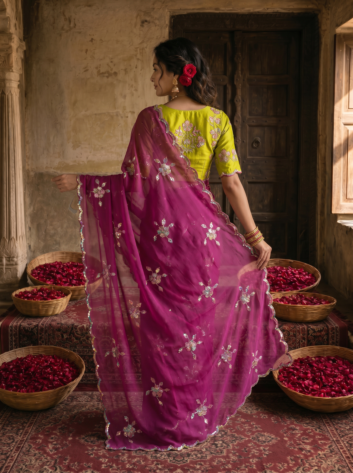 Magenta purple georgette embroidered saree with floral sequin work contrast lime green blouse