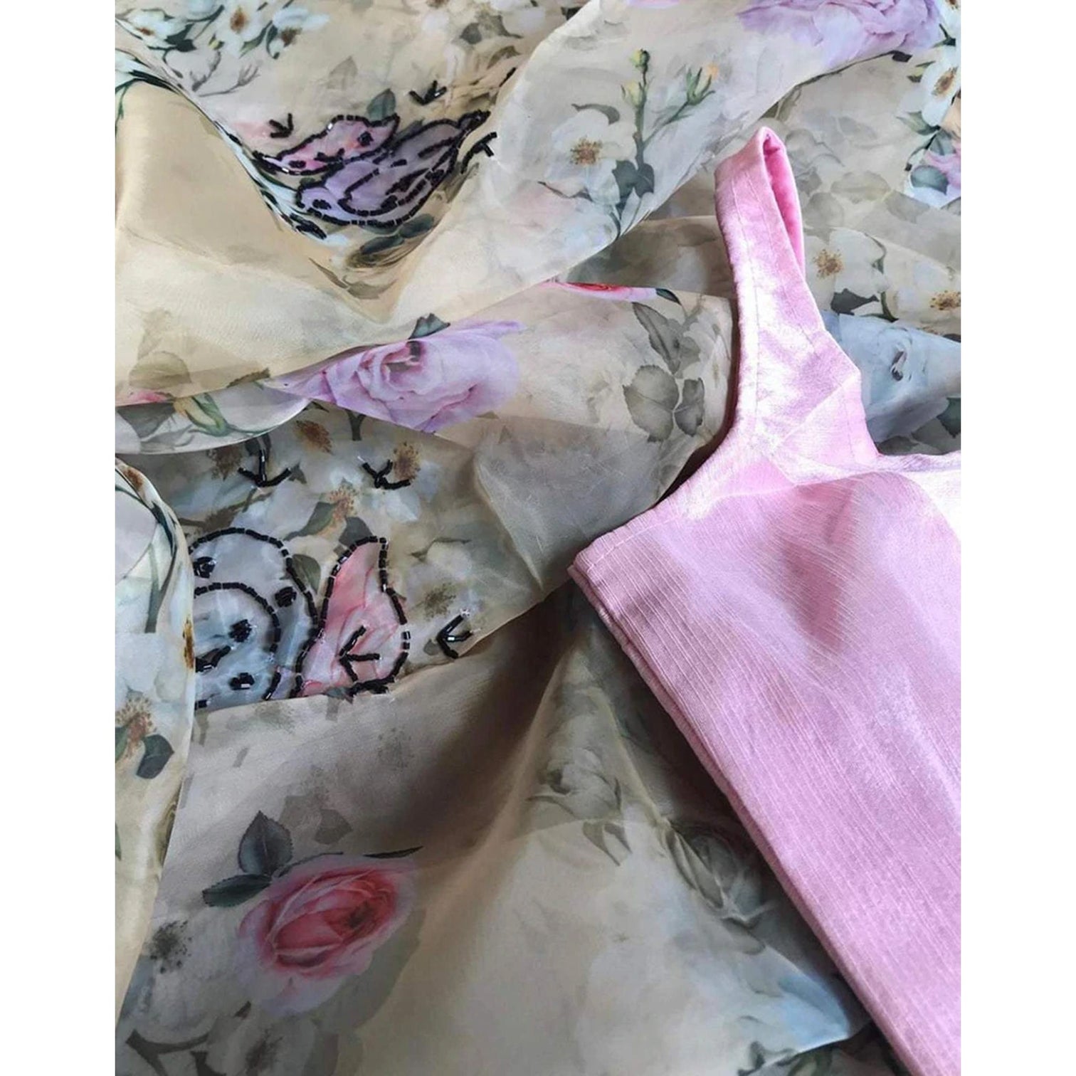 Malai Silk Saree with Digital Floral Print and Handwork