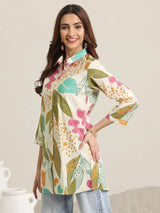 Libas Beige Printed Silk Blend Straight Short Kurti