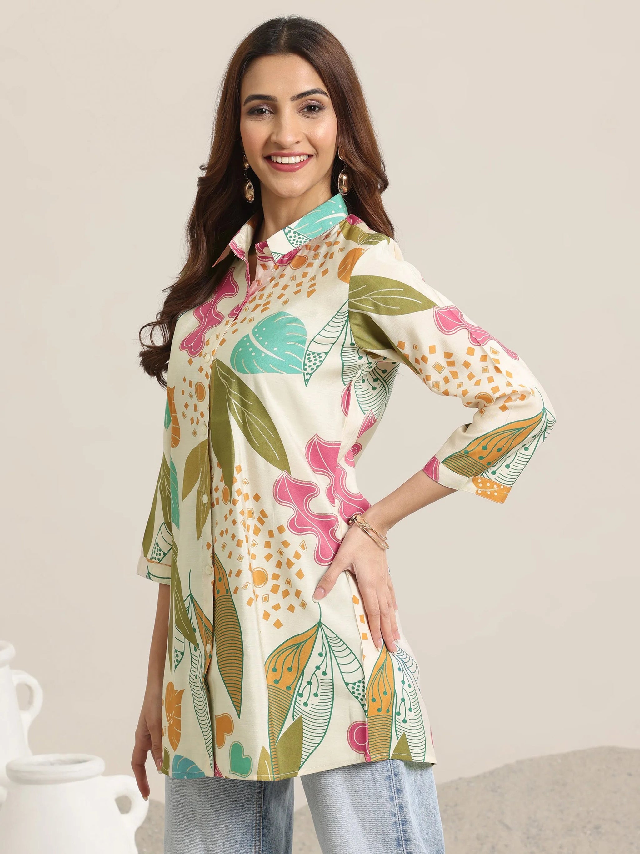Libas Beige Printed Silk Blend Straight Short Kurti