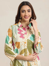 Libas Beige Printed Silk Blend Straight Short Kurti