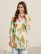 Libas Beige Printed Silk Blend Straight Short Kurti