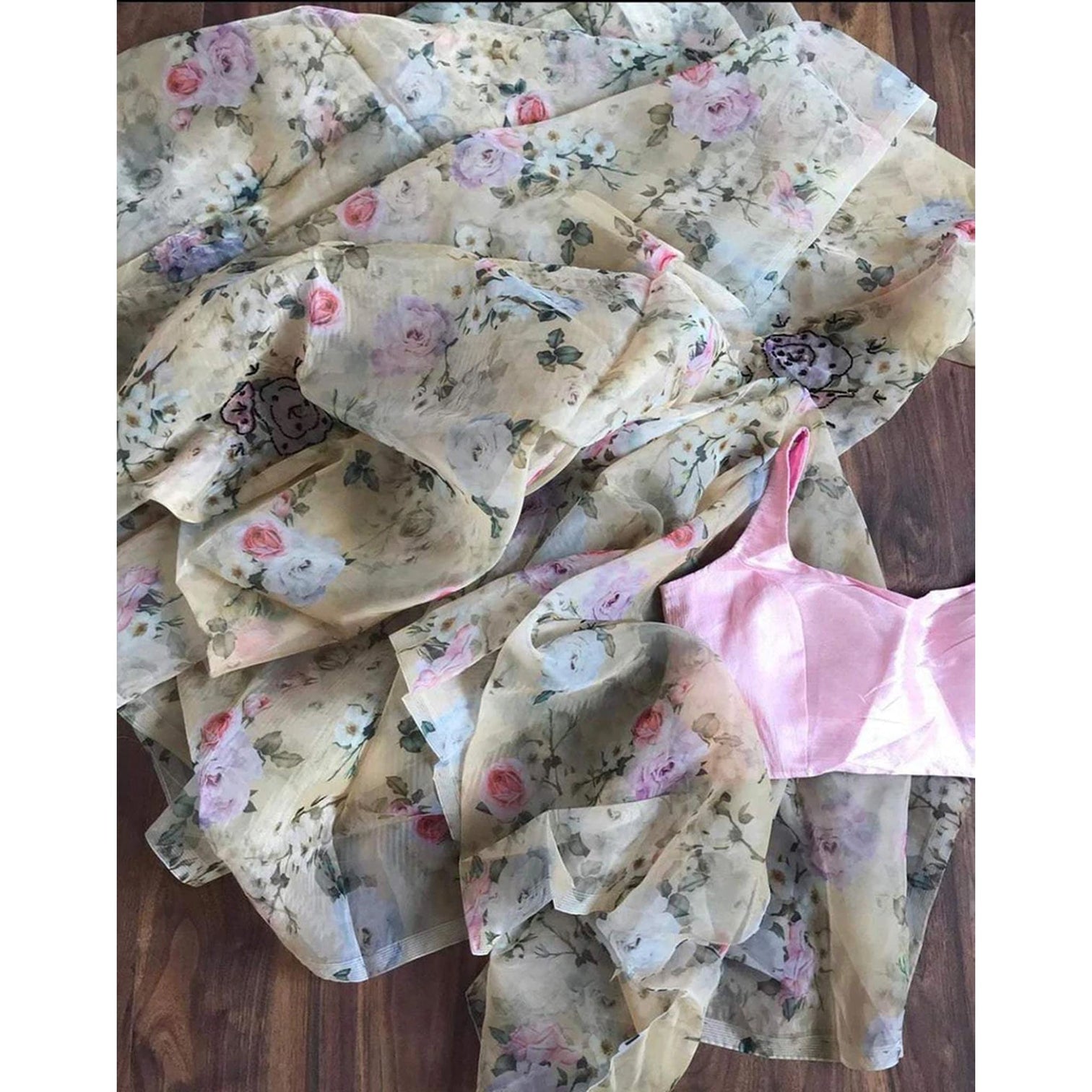 Malai Silk Saree with Digital Floral Print and Handwork
