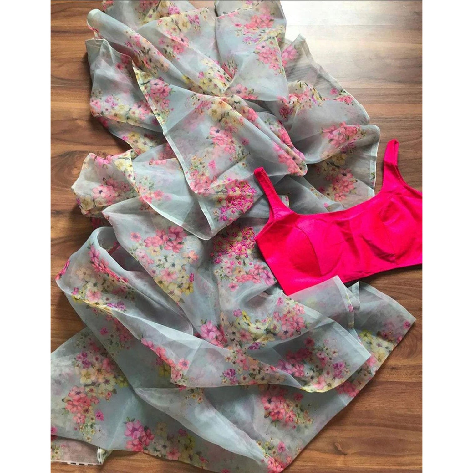 Malai Silk Saree with Digital Floral Print and Handwork