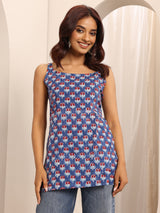 Libas Blue Printed Cotton Blend Straight Short Kurti