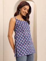 Libas Blue Printed Cotton Blend Straight Short Kurti