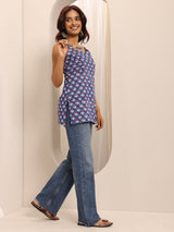 Libas Blue Printed Cotton Blend Straight Short Kurti