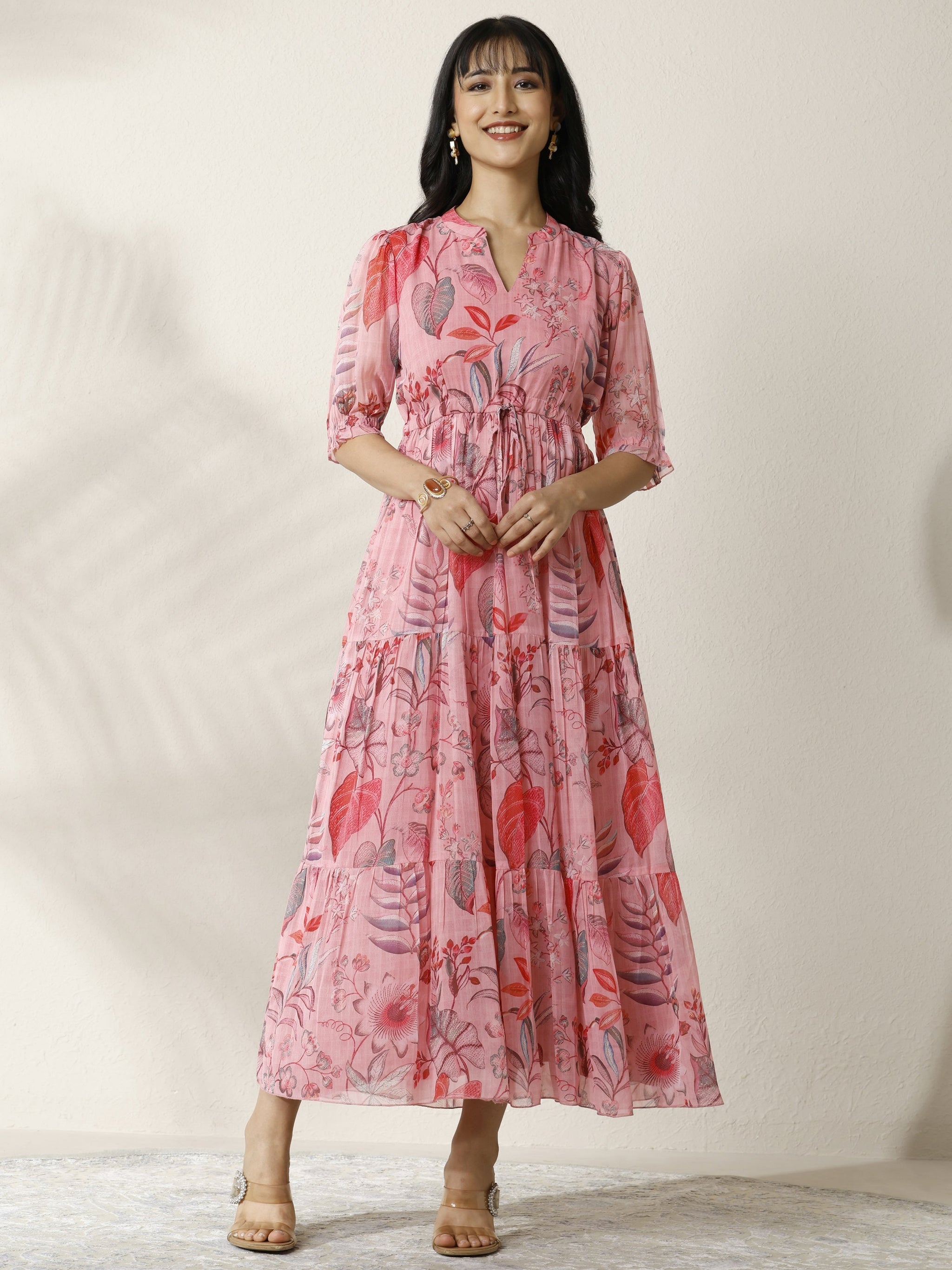 Libas Pink Printed Chiffon Tired Fit and Flare One Piece Dress