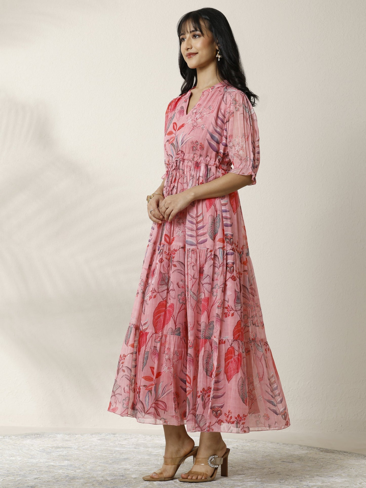 Libas Pink Printed Chiffon Tired Fit and Flare One Piece Dress