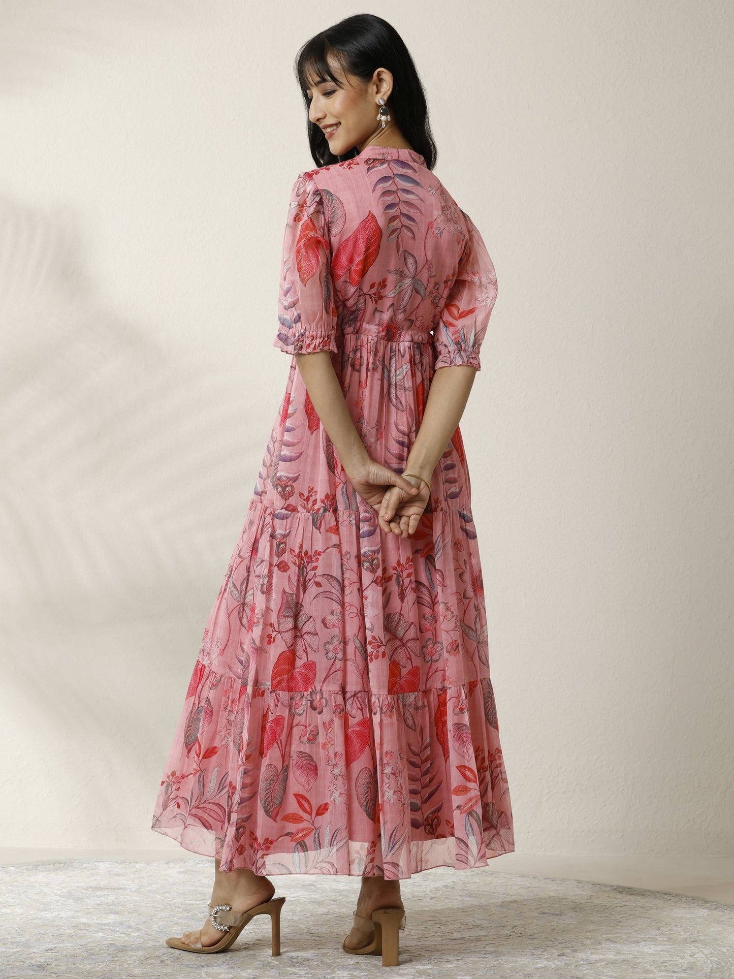Libas Pink Printed Chiffon Tired Fit and Flare One Piece Dress