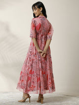 Libas Pink Printed Chiffon Tired Fit and Flare One Piece Dress