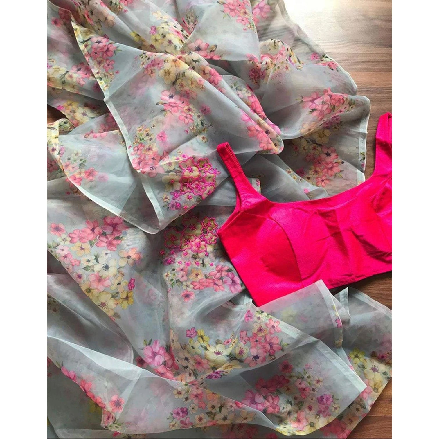 Malai Silk Saree with Digital Floral Print and Handwork