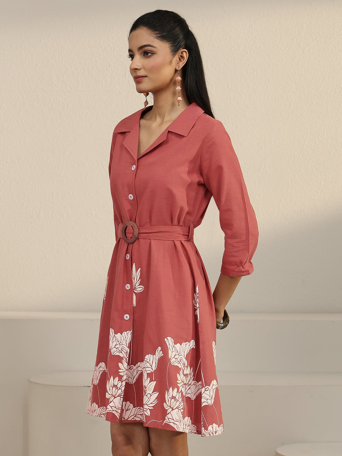 Mameraa Rust Brown Floral Printed Cotton Blend Shirt Dress with Waistbelt