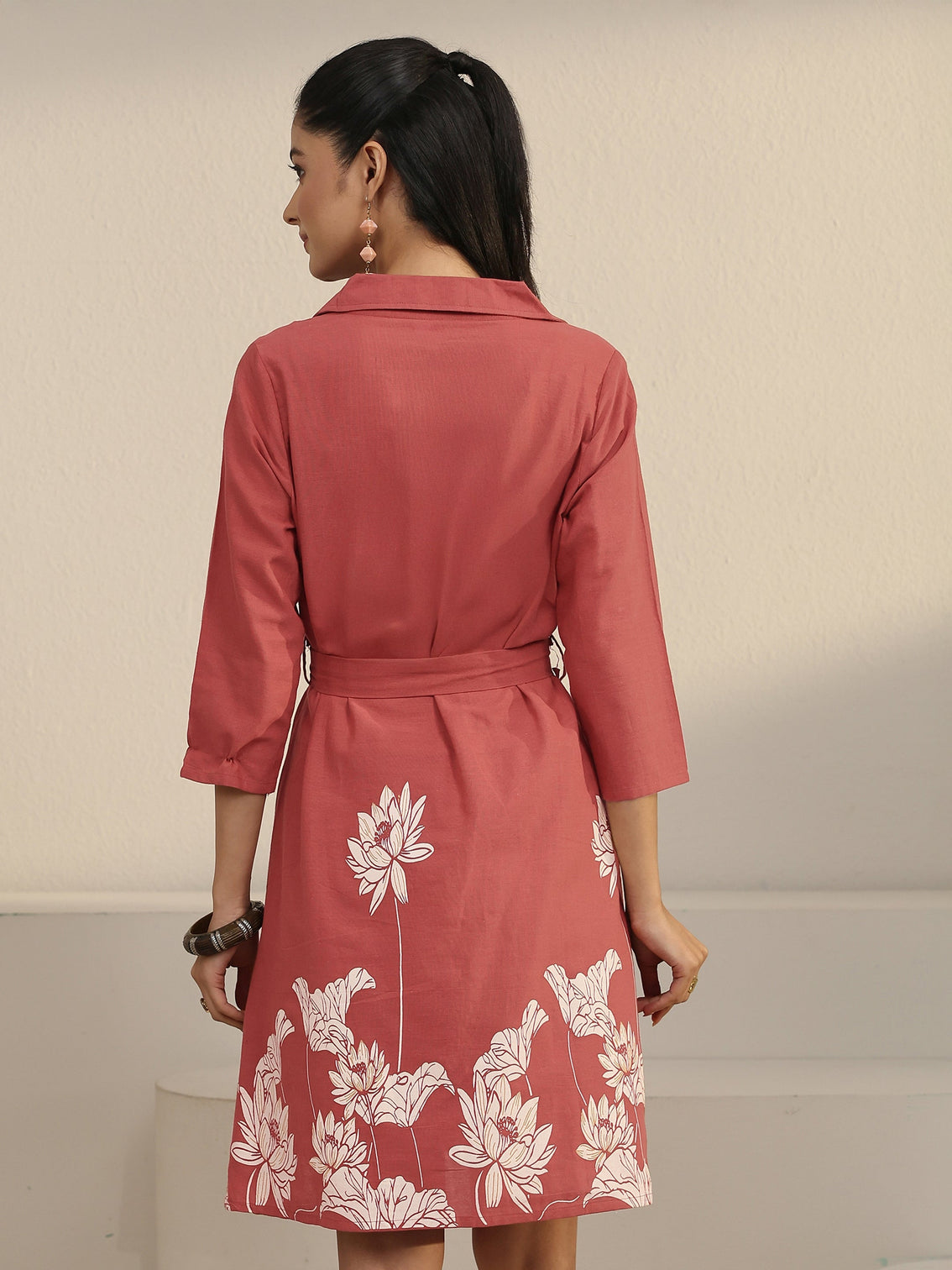 Mameraa Rust Brown Floral Printed Cotton Blend Shirt Dress with Waistbelt