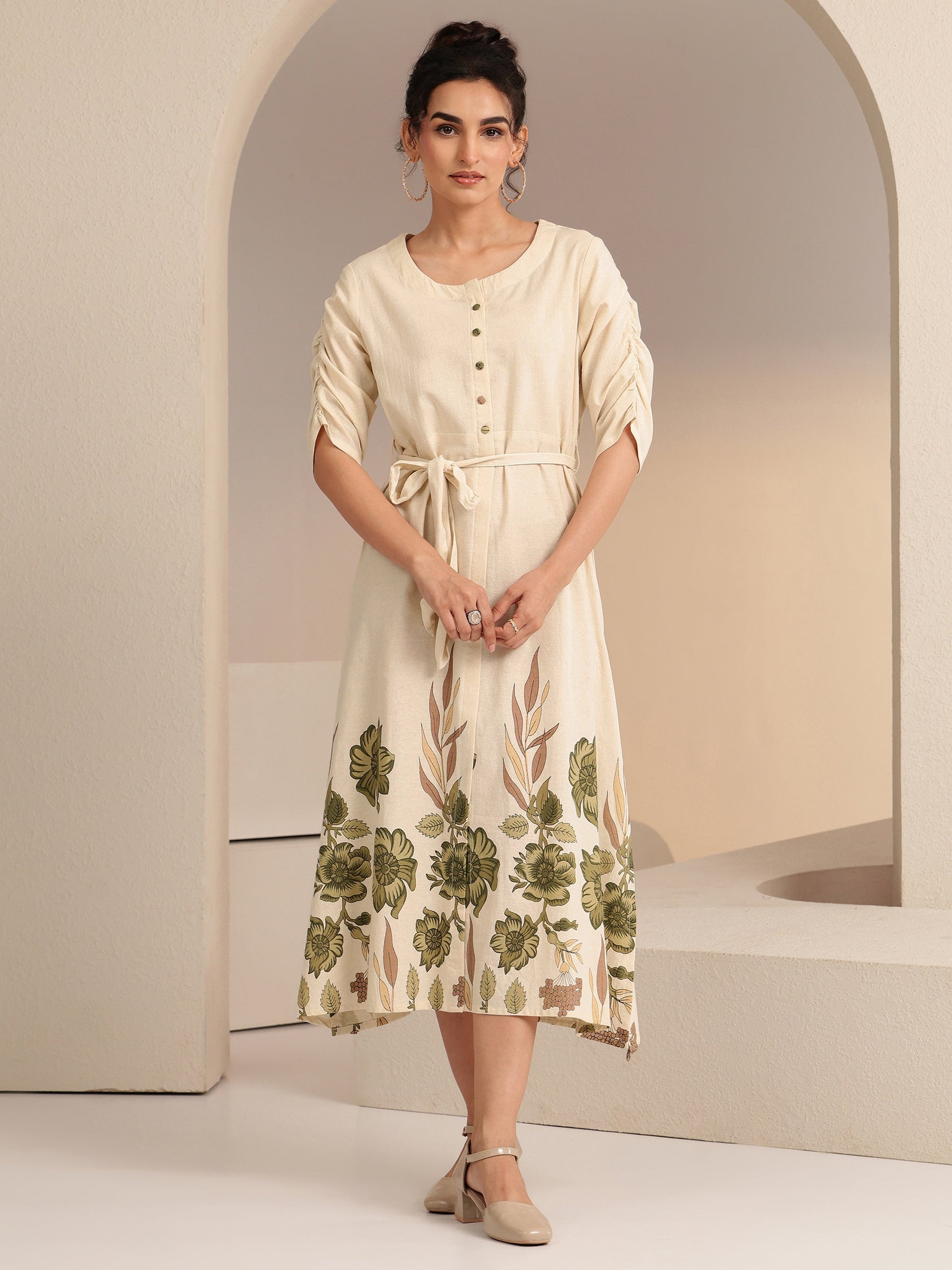 Libas Ivory and  Printed Cotton Blend A-Line Dress