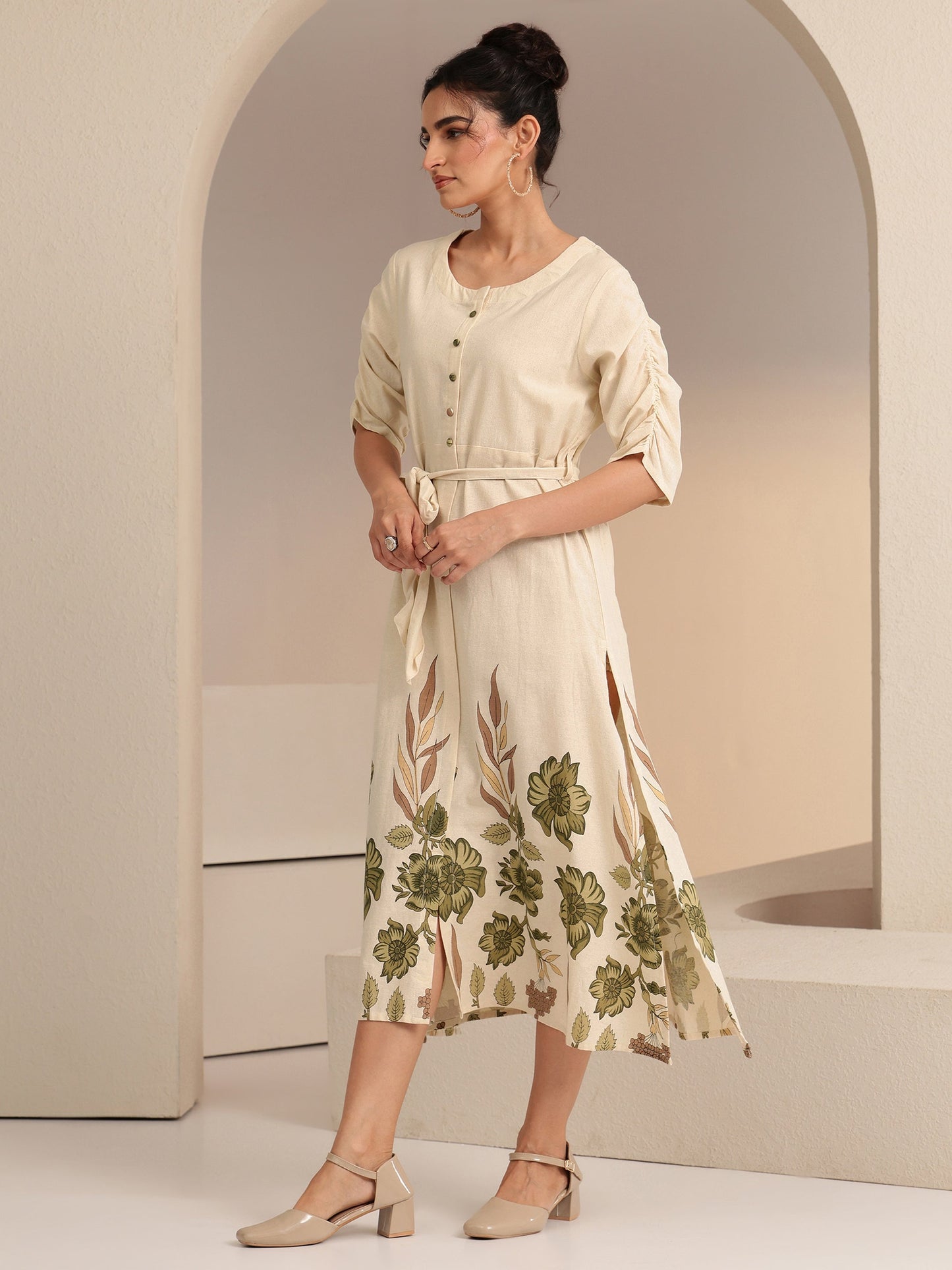 Libas Ivory and  Printed Cotton Blend A-Line Dress