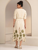 Libas Ivory and  Printed Cotton Blend A-Line Dress