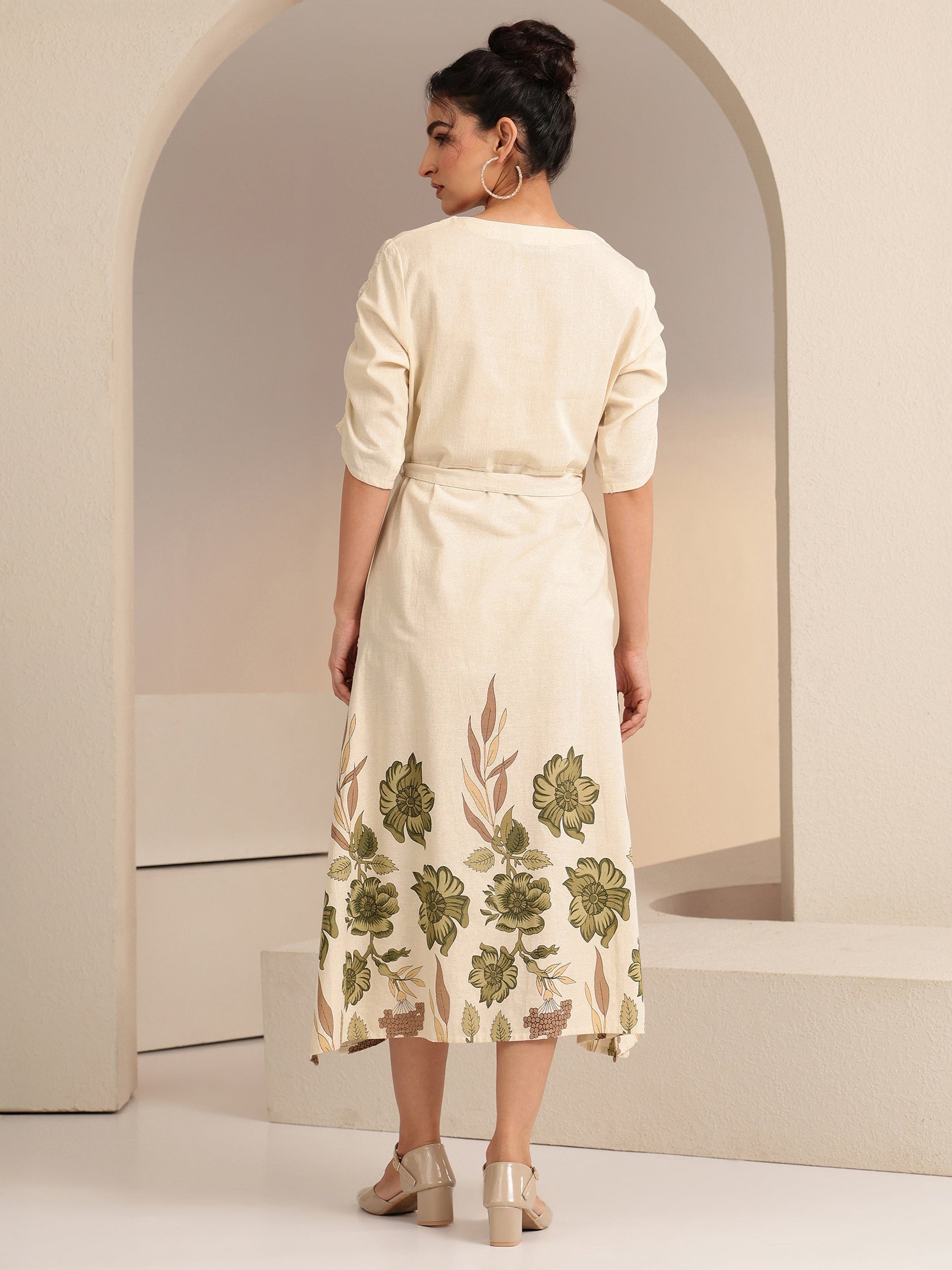 Libas Ivory and  Printed Cotton Blend A-Line Dress