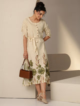 Libas Ivory and  Printed Cotton Blend A-Line Dress