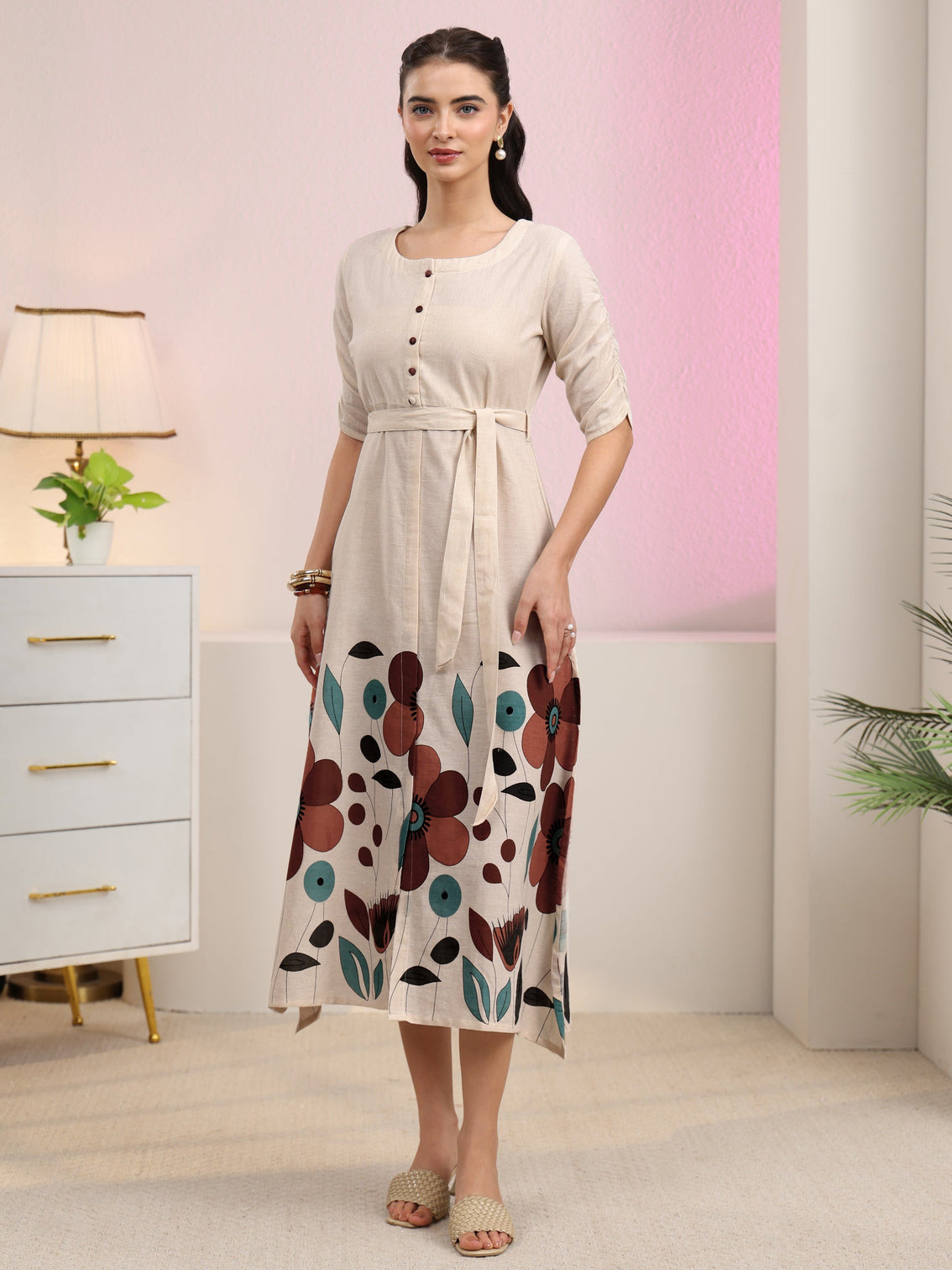 Mameraa Off White Floral Printed Cotton Blend A-Line Dress