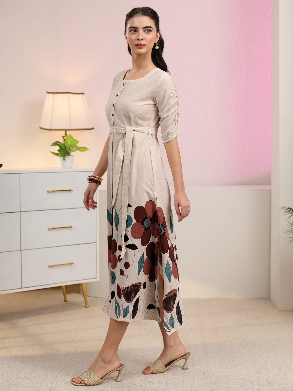 Mameraa Off White Floral Printed Cotton Blend A-Line Dress